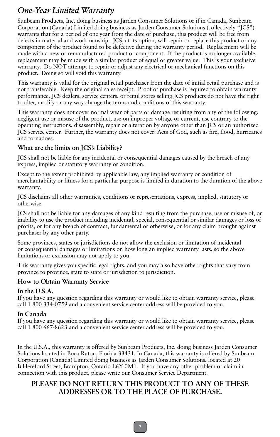 One-year limited warranty | Oster BCAGO8 User Manual | Page 7 / 24
