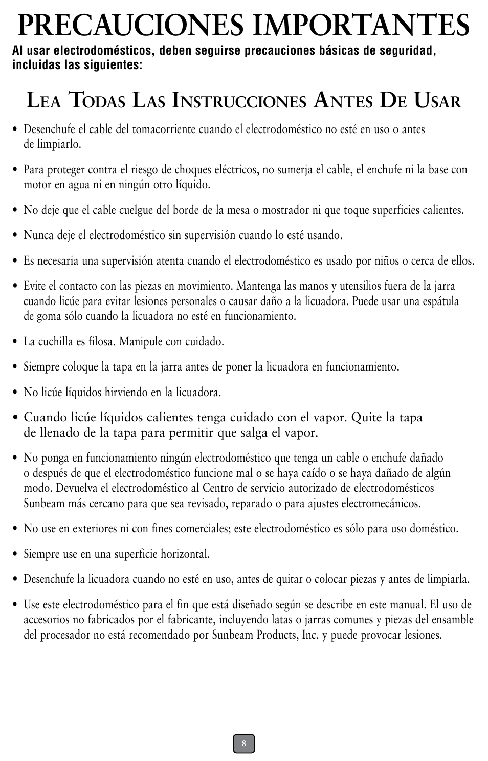Precauciones importantes | Oster BCAGO8 User Manual | Page 8 / 24