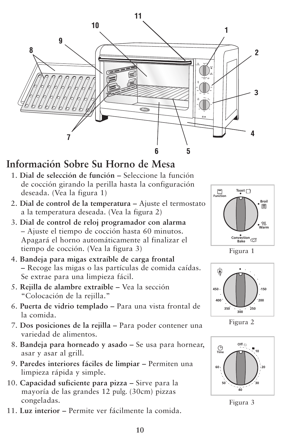 Información sobre su horno de mesa, Figura 1 figura 2 figura 3 | Oster 128263 User Manual | Page 10 / 16