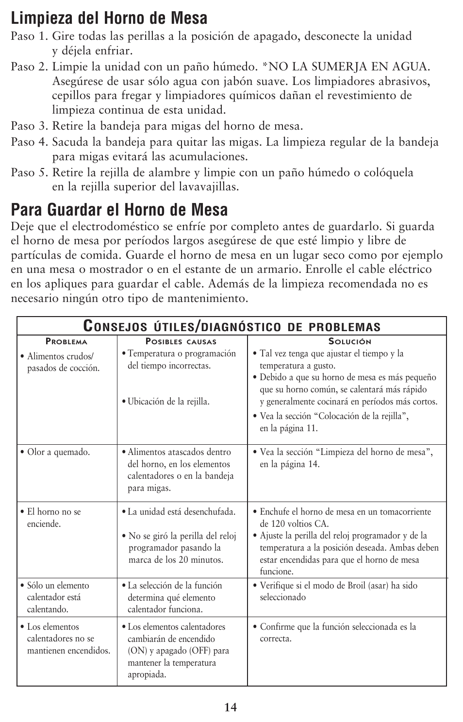 Limpieza del horno de mesa, Para guardar el horno de mesa | Oster 128263 User Manual | Page 14 / 16