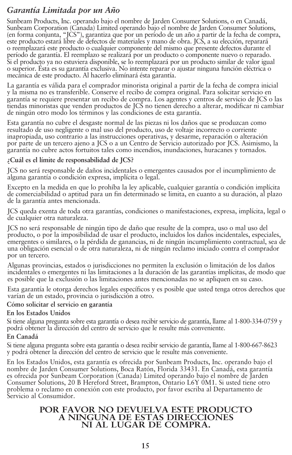 Garantía limitada por un año | Oster 128263 User Manual | Page 15 / 16