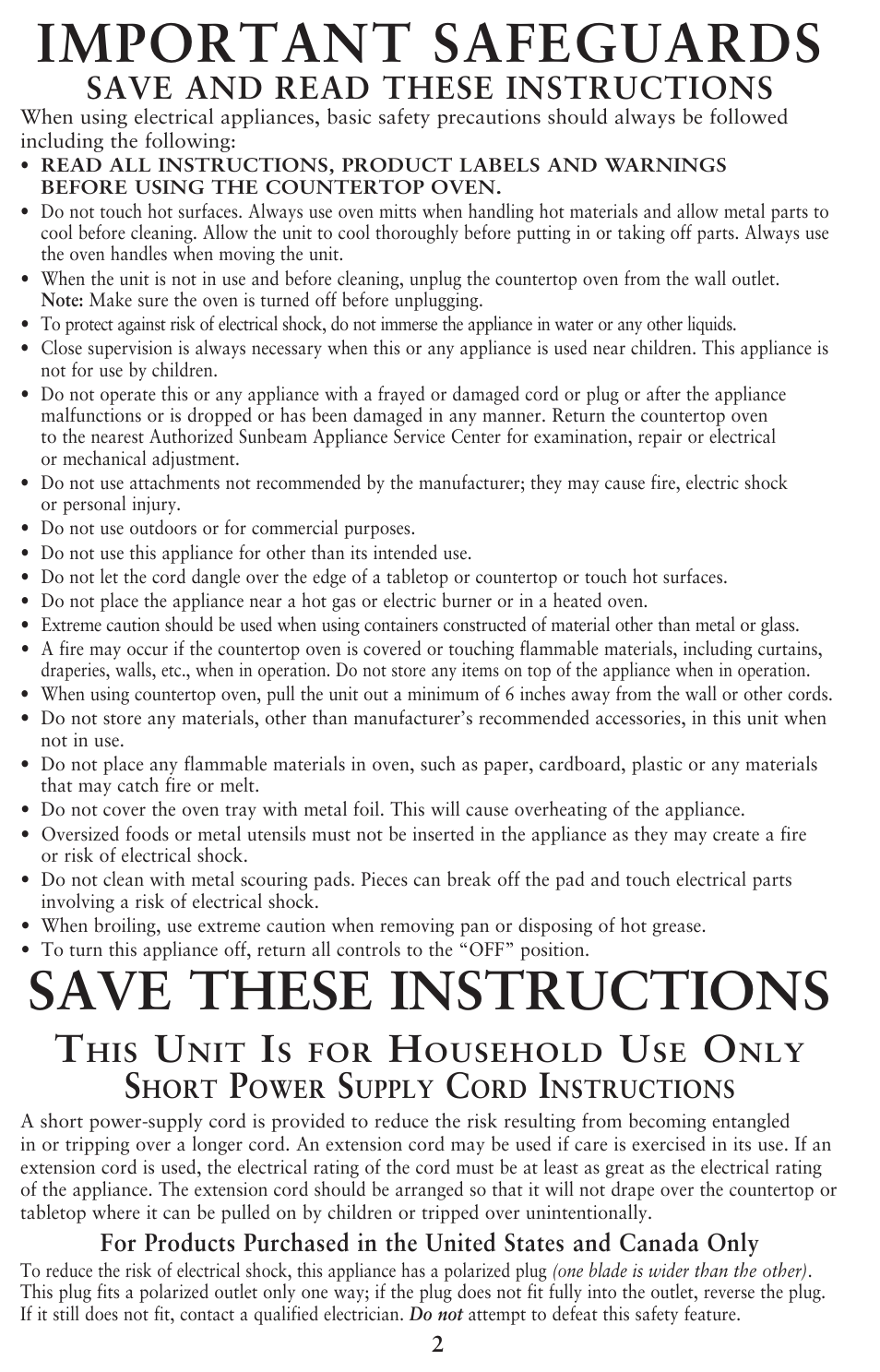 Important safeguards, Save these instructions, Save and read these instructions | Oster 128263 User Manual | Page 2 / 16