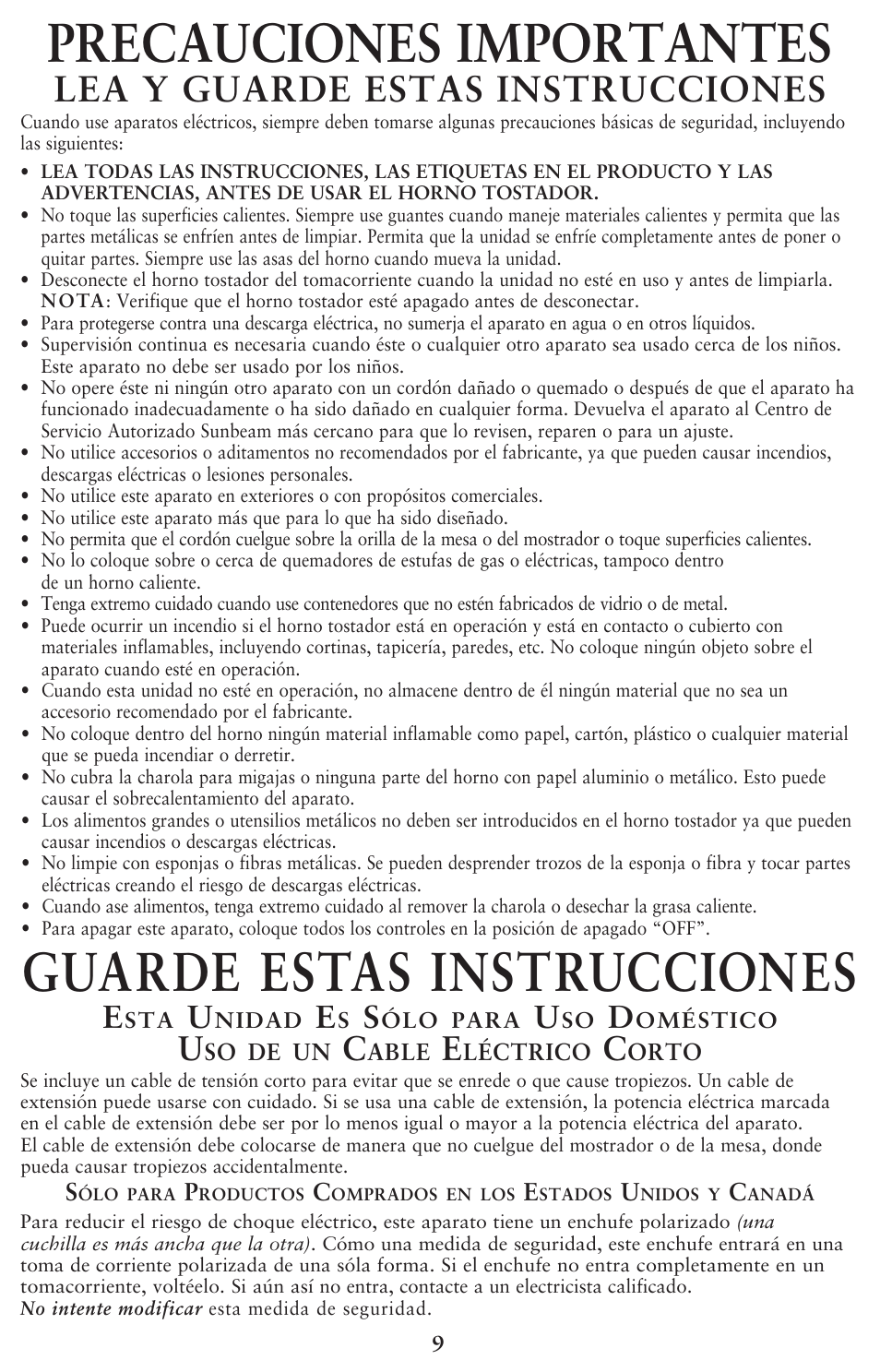 Precauciones importantes, Guarde estas instrucciones, Lea y guarde estas instrucciones | Oster 128263 User Manual | Page 9 / 16