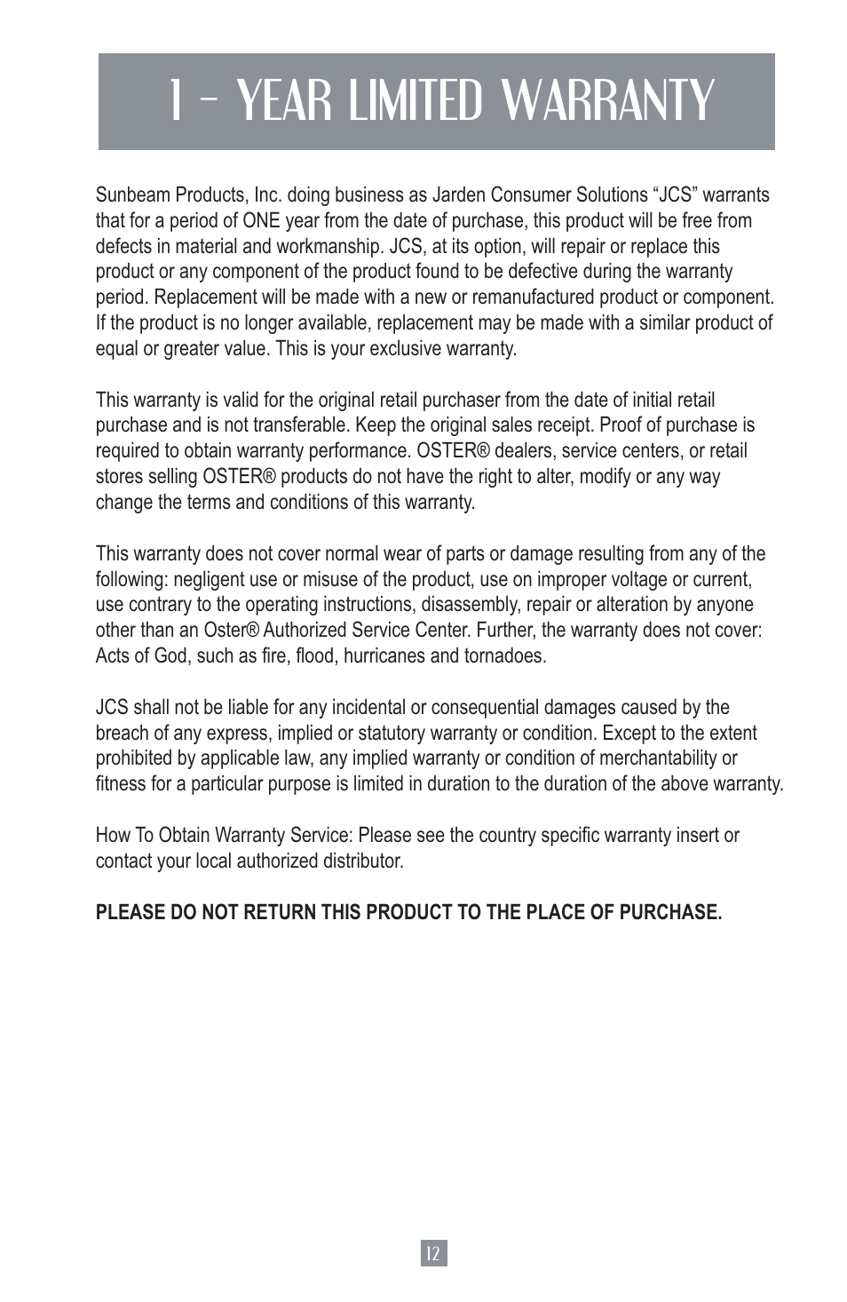 1 – year limited warranty | Oster Juice Extractor 3157 User Manual | Page 13 / 52