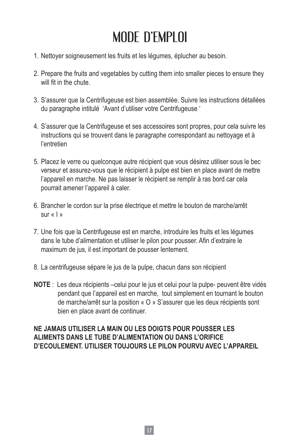 Mode d’emploi | Oster Juice Extractor 3157 User Manual | Page 18 / 52