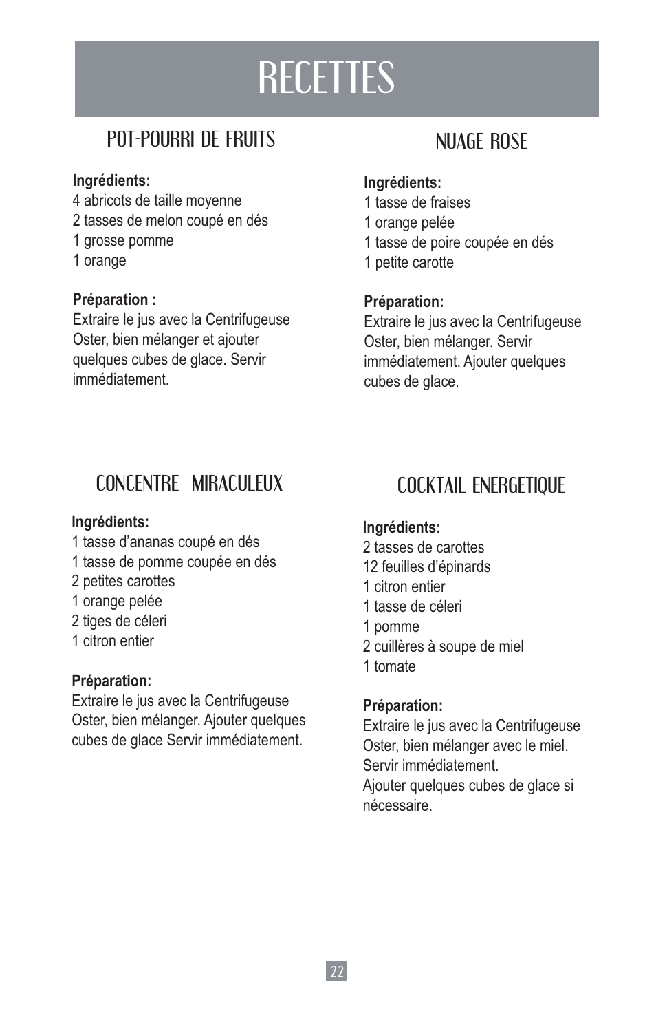 Recettes | Oster Juice Extractor 3157 User Manual | Page 23 / 52