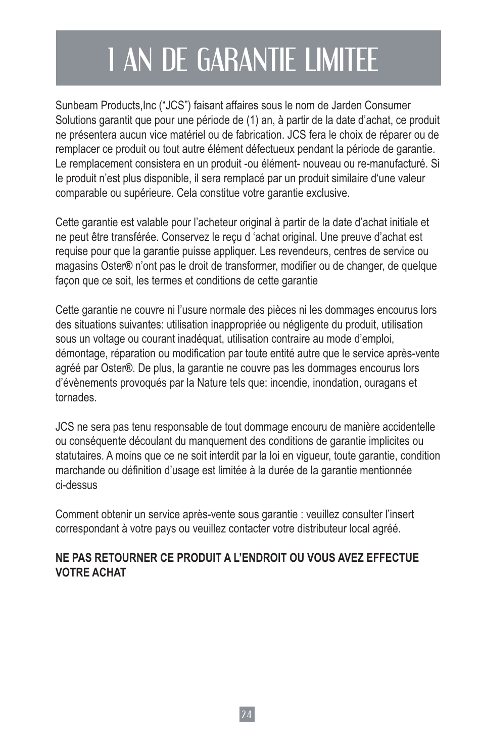 1 an de garantie limitee | Oster Juice Extractor 3157 User Manual | Page 25 / 52