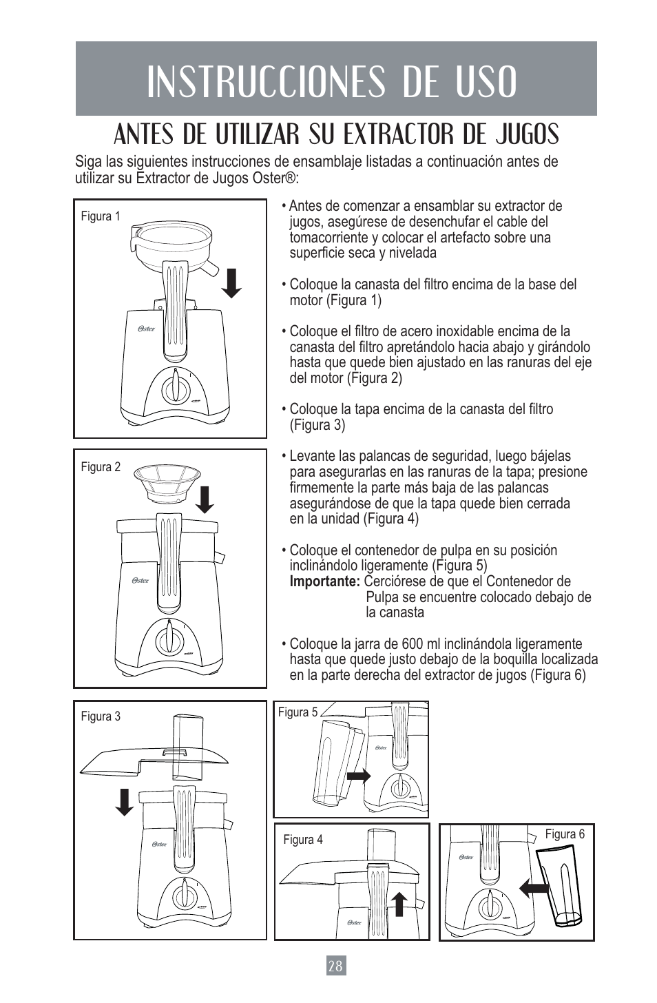 Instrucciones de uso, Antes de utilizar su extractor de jugos | Oster Juice Extractor 3157 User Manual | Page 29 / 52