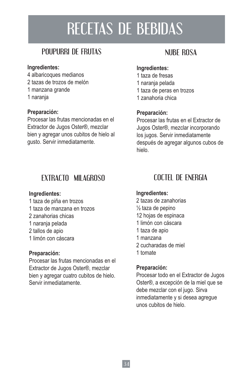 Recetas de bebidas | Oster Juice Extractor 3157 User Manual | Page 35 / 52