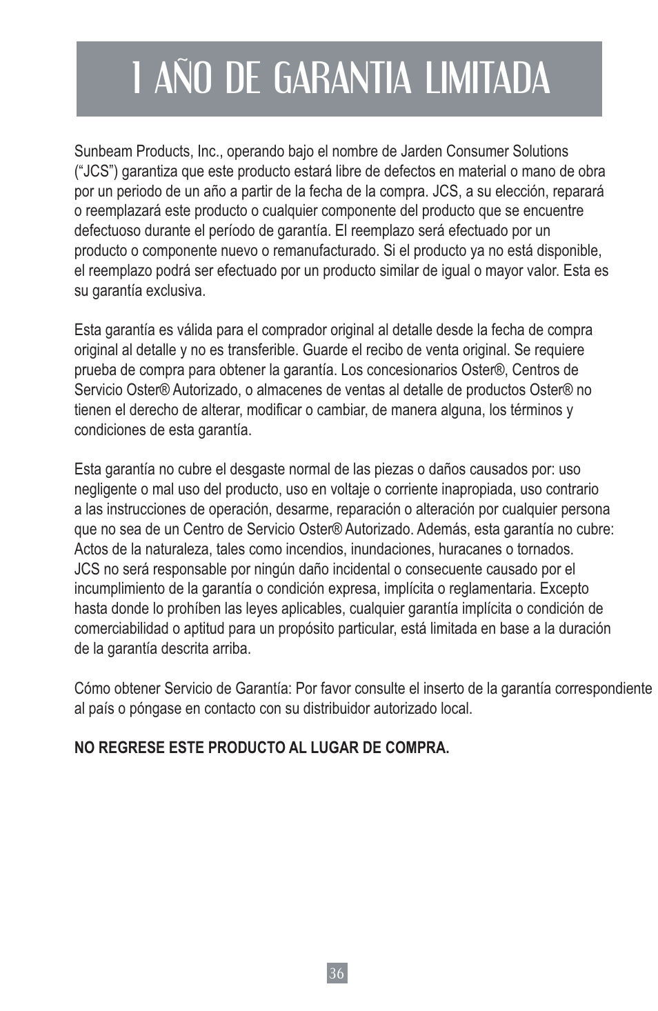 1 año de garantia limitada | Oster Juice Extractor 3157 User Manual | Page 37 / 52