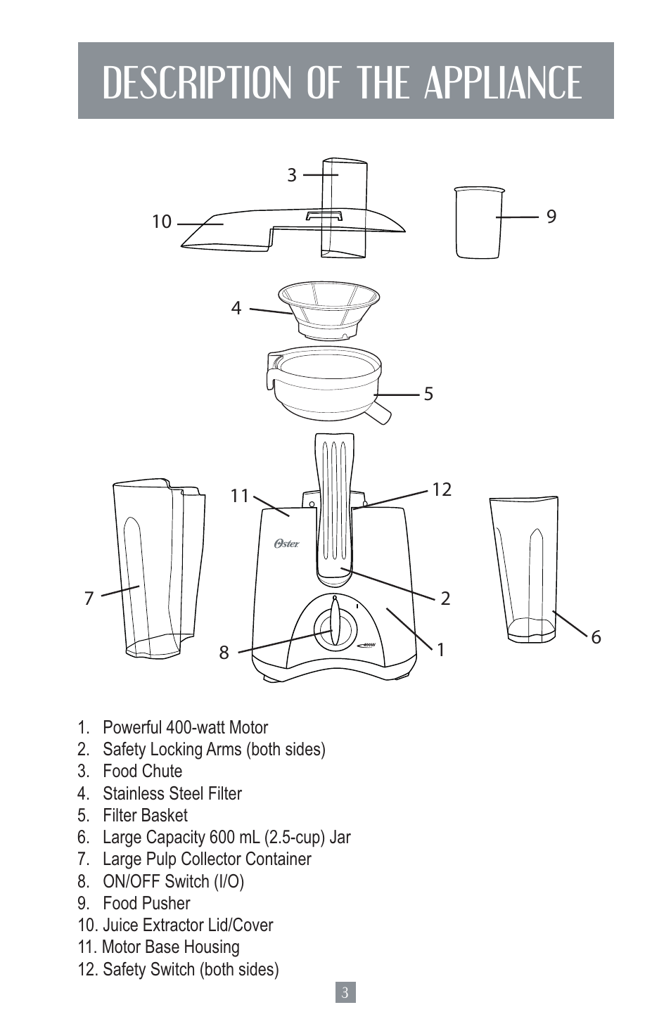 Description of the appliance | Oster Juice Extractor 3157 User Manual | Page 4 / 52