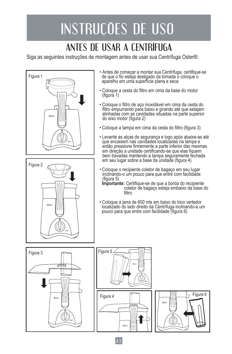 Instruções de uso, Antes de usar a centrífuga | Oster Juice Extractor 3157 User Manual | Page 43 / 52