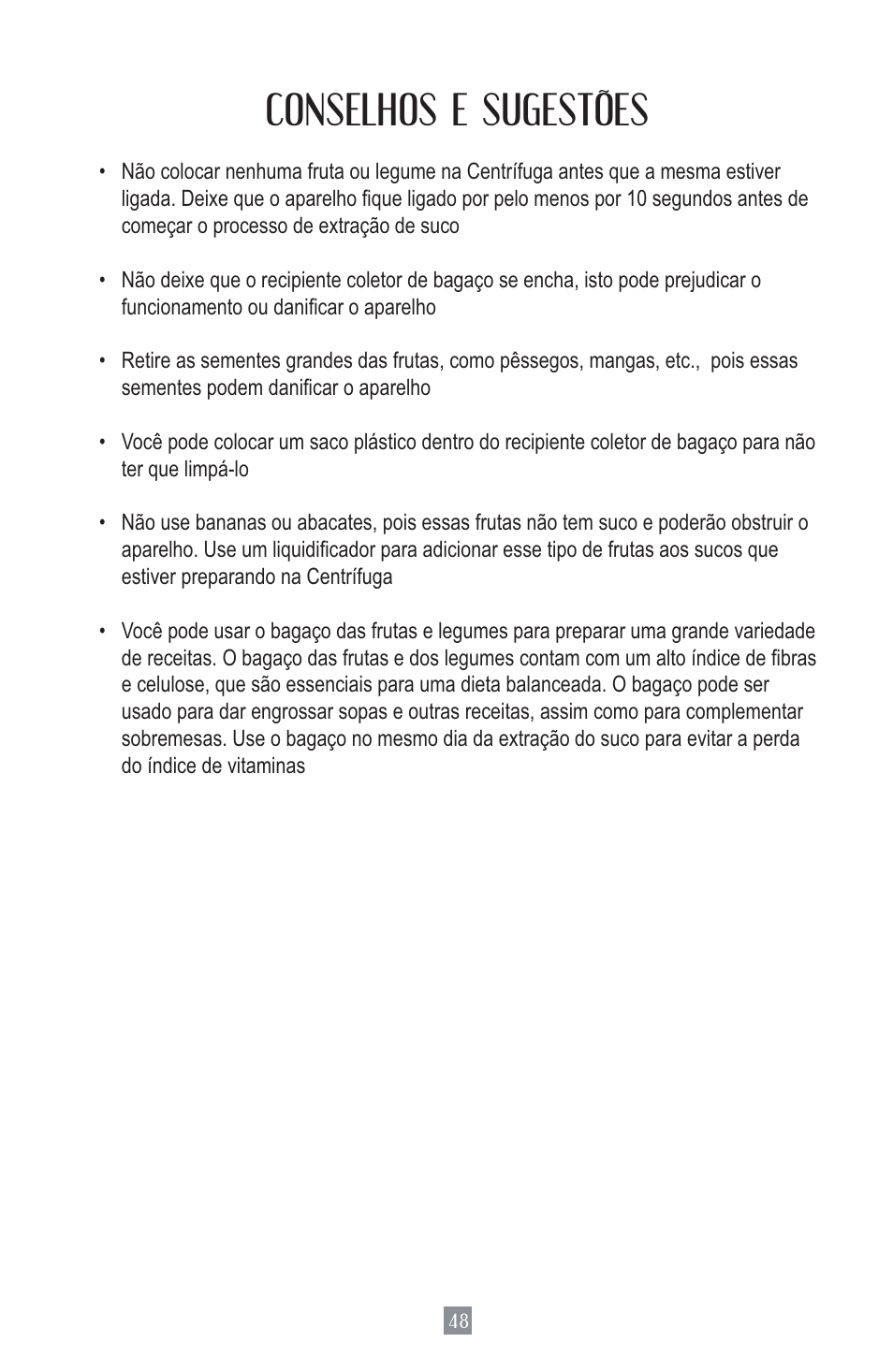 Conselhos e sugestões | Oster Juice Extractor 3157 User Manual | Page 48 / 52