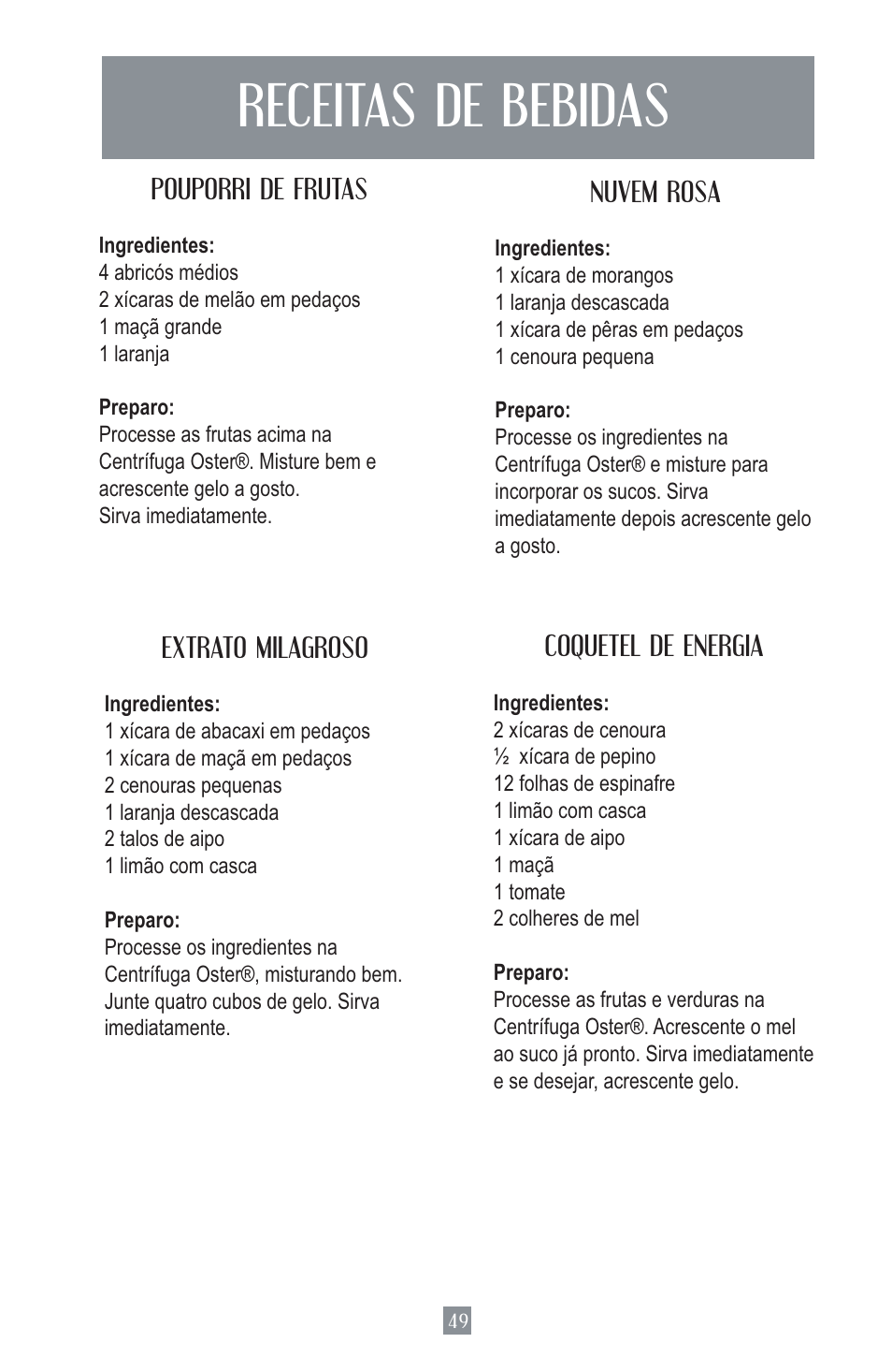 Receitas de bebidas | Oster Juice Extractor 3157 User Manual | Page 49 / 52