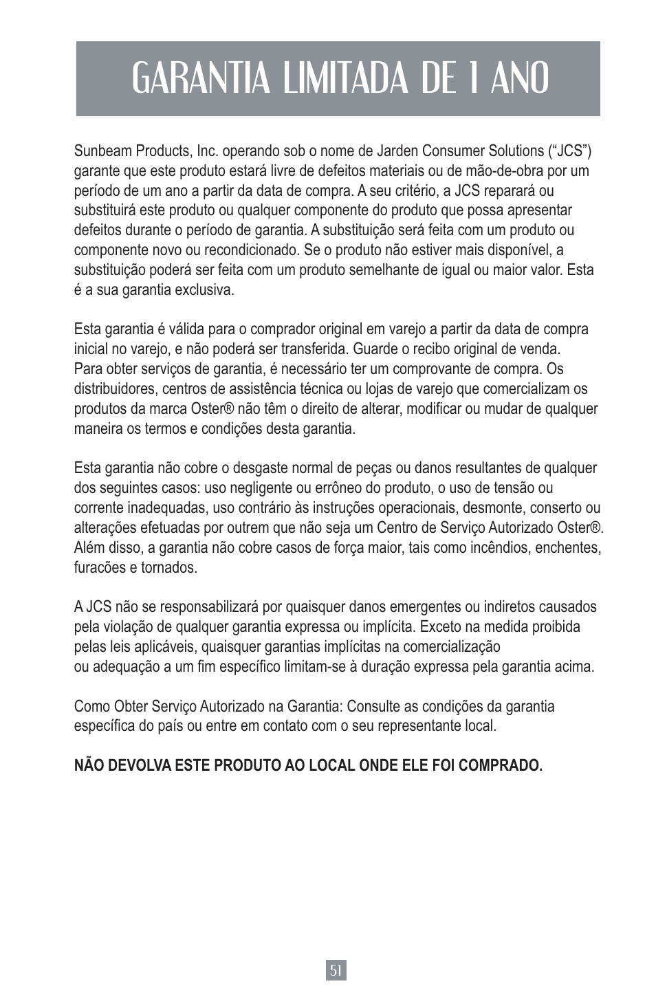 Garantia limitada de 1 ano | Oster Juice Extractor 3157 User Manual | Page 51 / 52
