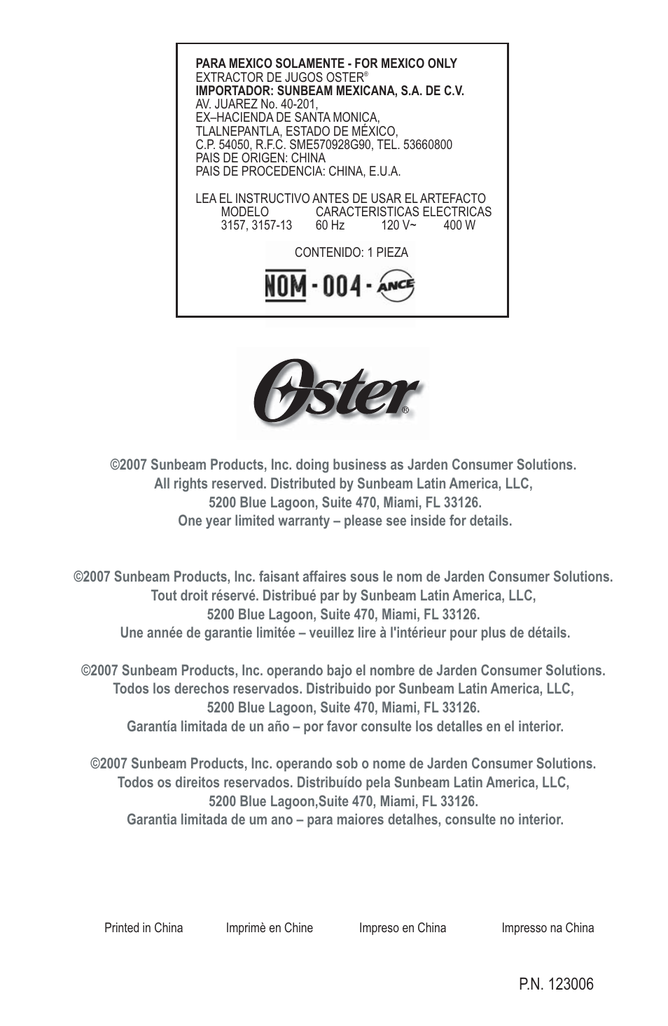 Oster Juice Extractor 3157 User Manual | Page 52 / 52