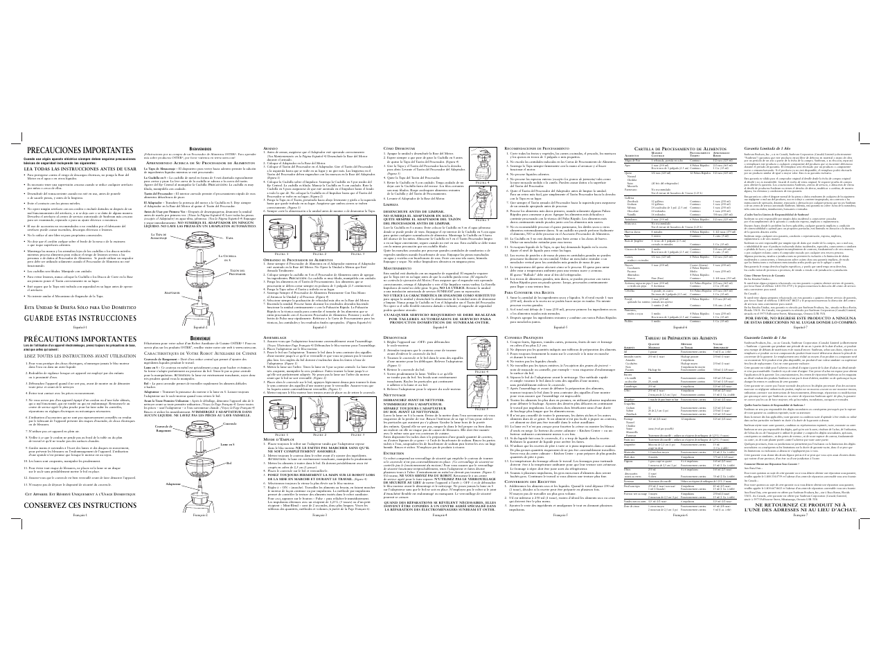 Fold, Precauciones importantes, Guarde estas instrucciones | Précautions importantes, Conservez ces instructions | Oster Food Processor User Manual | Page 2 / 2