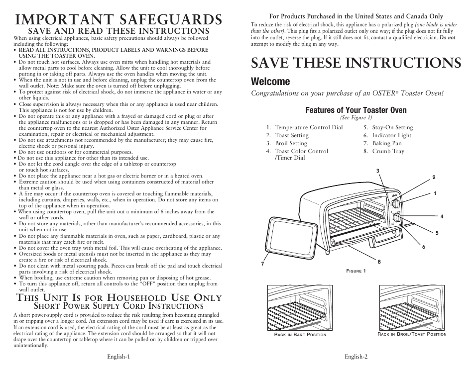 Save these instructions, Important safeguards, Welcome | Features of your toaster oven, Save and read these instructions | Oster SPR-033110 User Manual | Page 2 / 6