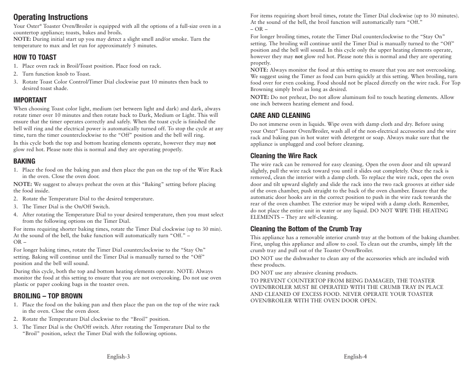 Operating instructions | Oster SPR-033110 User Manual | Page 3 / 6