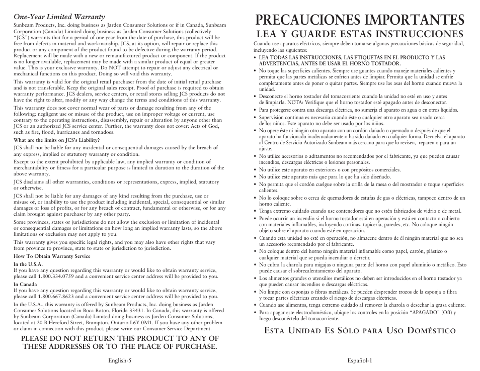 Precauciones importantes, Lea y guarde estas instrucciones | Oster SPR-033110 User Manual | Page 4 / 6