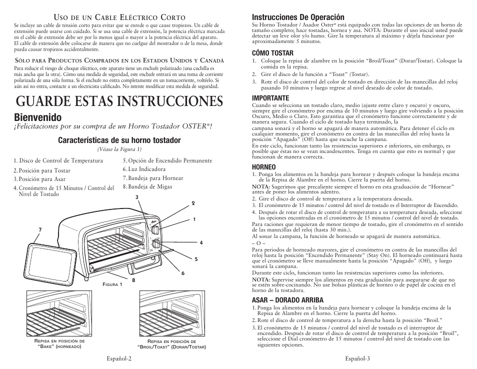 Guarde estas instrucciones, Bienvenido, Características de su horno tostador | Instrucciones de operación | Oster SPR-033110 User Manual | Page 5 / 6