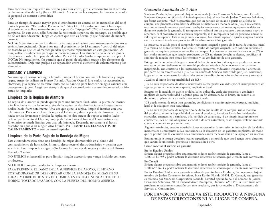 Garantía limitada de 1 año, Cuidado y limpieza, Limpieza de la repisa de alambre | Limpieza de la parte baja de la bandeja de migas | Oster SPR-033110 User Manual | Page 6 / 6