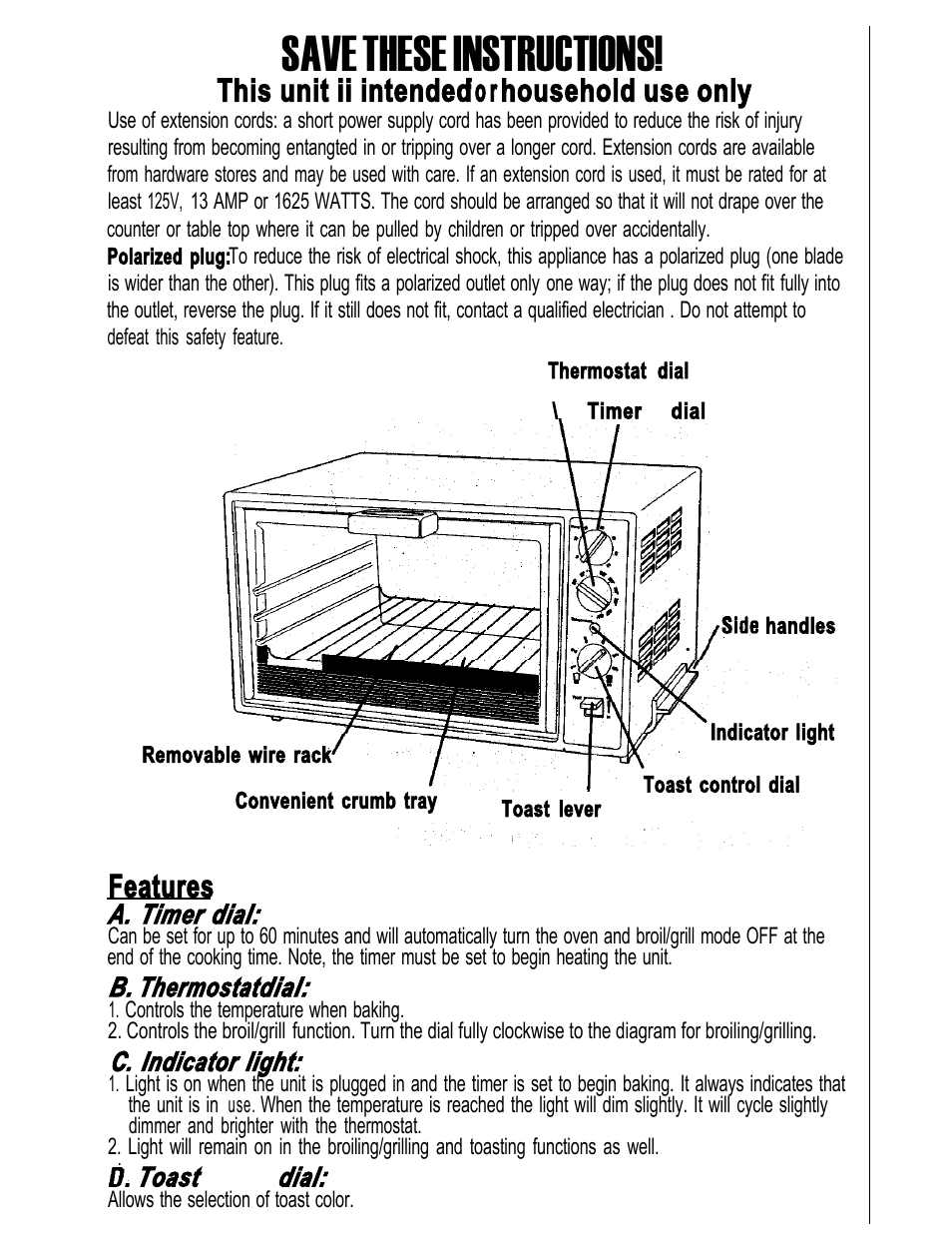 Save these instructions, This unit ii intended fo r household use only, Features | Oster 4877-8 User Manual | Page 3 / 12