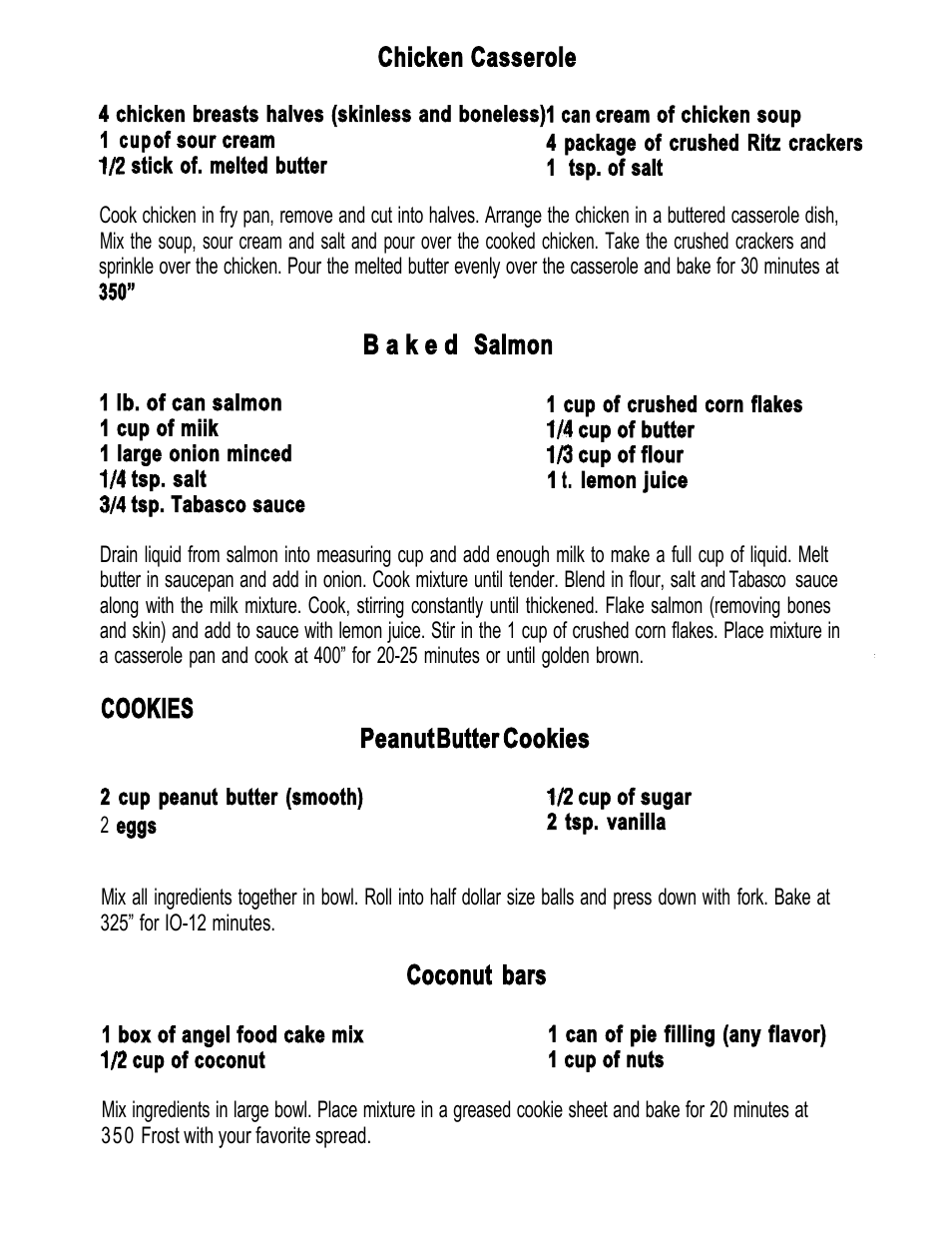 Chicken casserole, Cookies peanut butter cookies, Coconut bars | Oster 4877-8 User Manual | Page 7 / 12