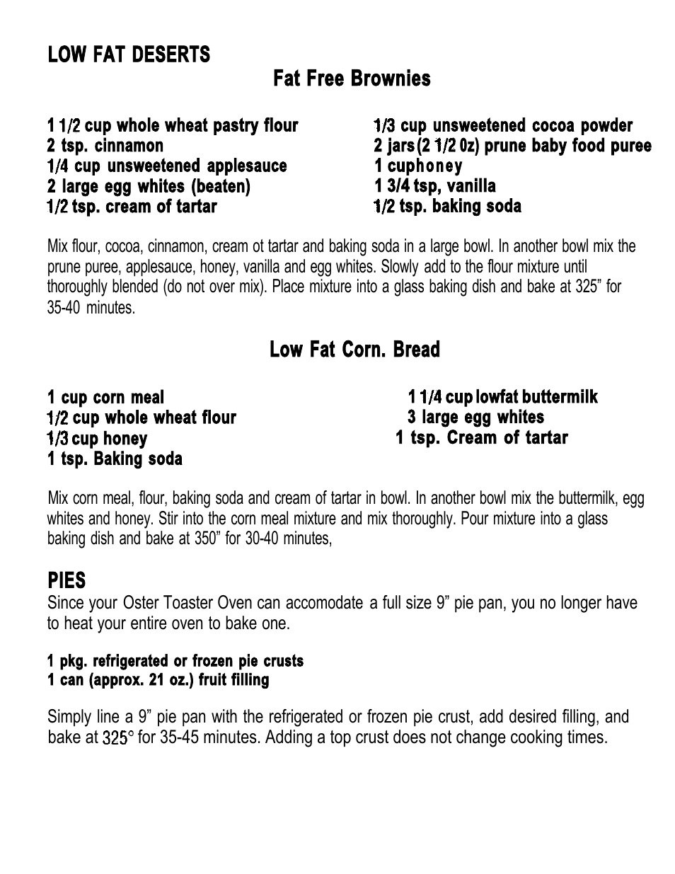 Low fat deserts fat free brownies, Low fat corn. bread, Pies | Oster 4877-8 User Manual | Page 9 / 12
