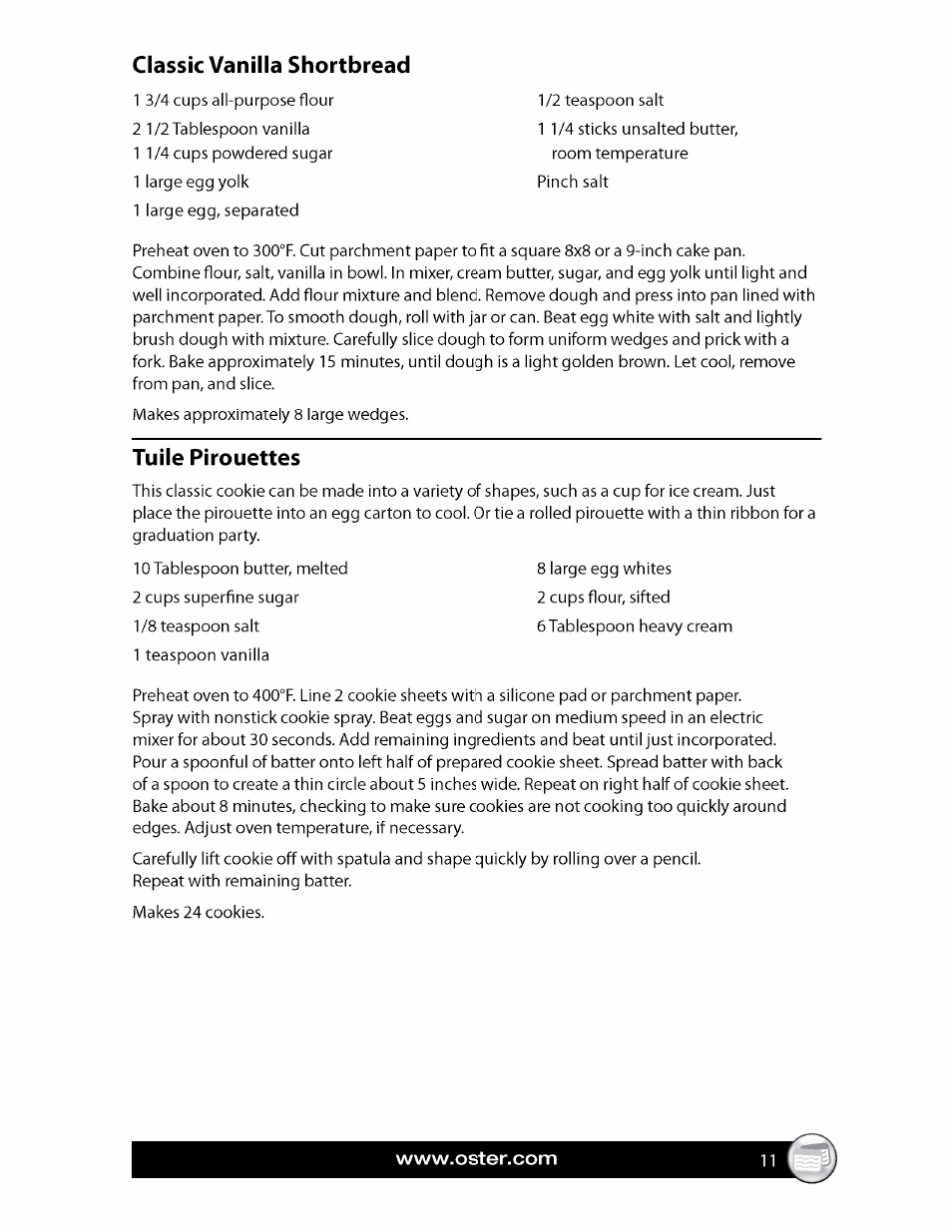 Classic vanilla shortbread, Tuile pirouettes | Oster FPSTCF7500 User Manual | Page 11 / 28