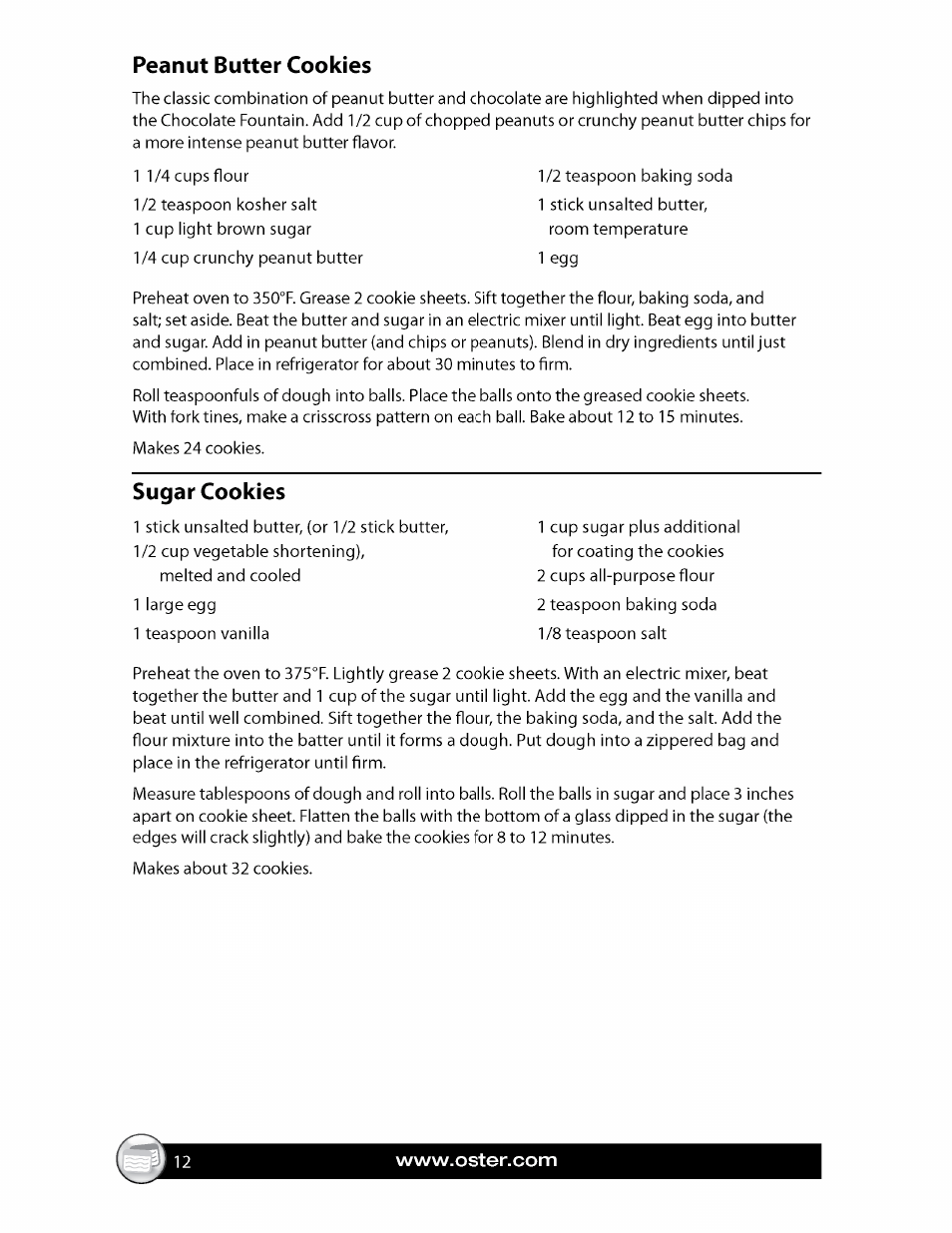 Peanut butter cookies, Sugar cookies | Oster FPSTCF7500 User Manual | Page 12 / 28