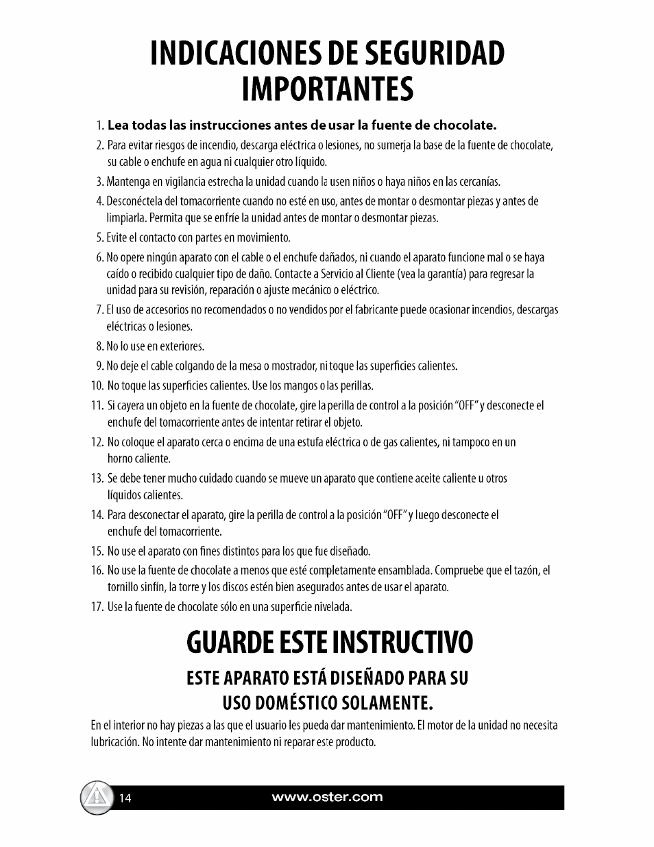 Indicaciones de seguridad importantes, Guarde este instructivo | Oster FPSTCF7500 User Manual | Page 14 / 28