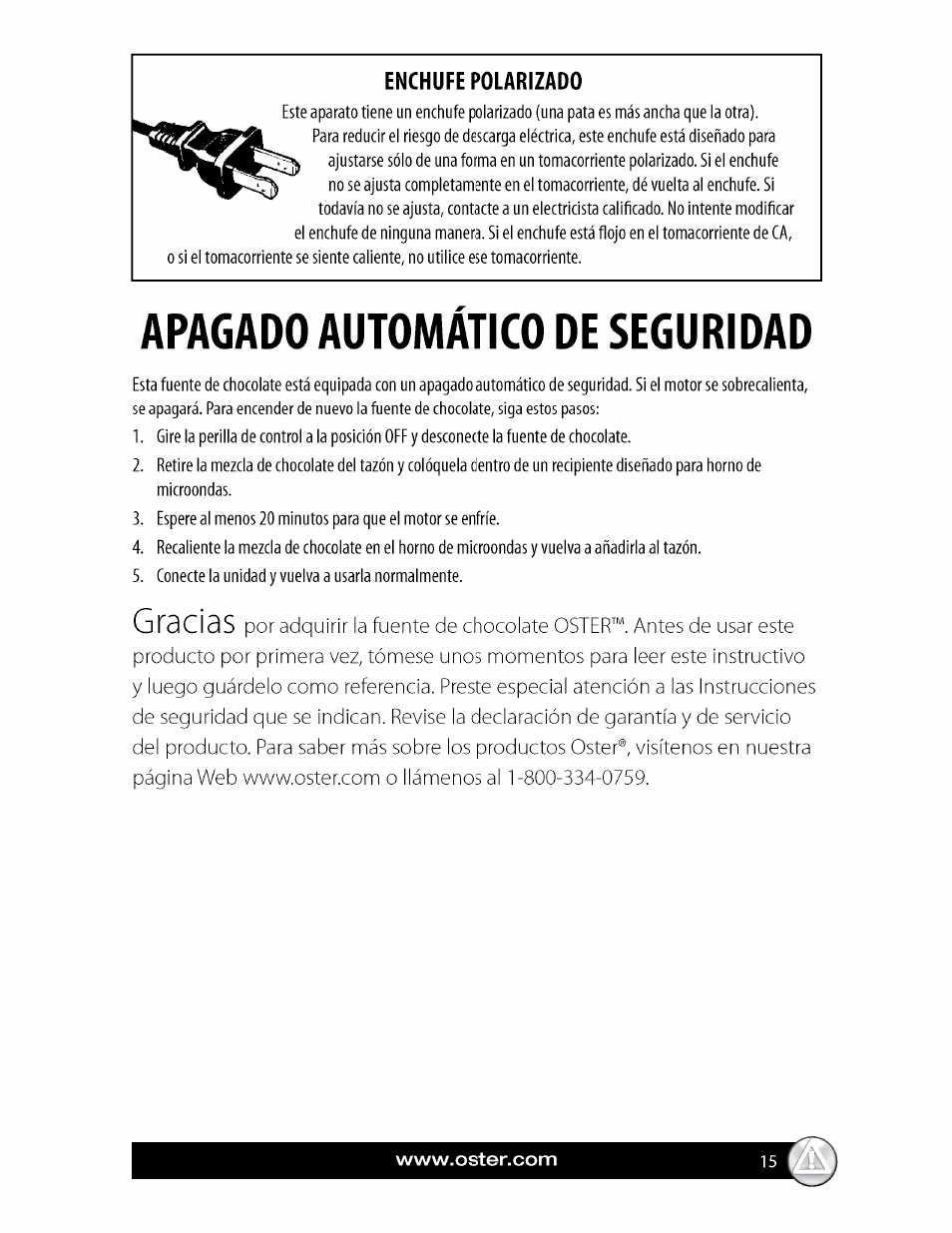 Enchufe polarizado, Apagado automático de seguridad, Gracias | Oster FPSTCF7500 User Manual | Page 15 / 28