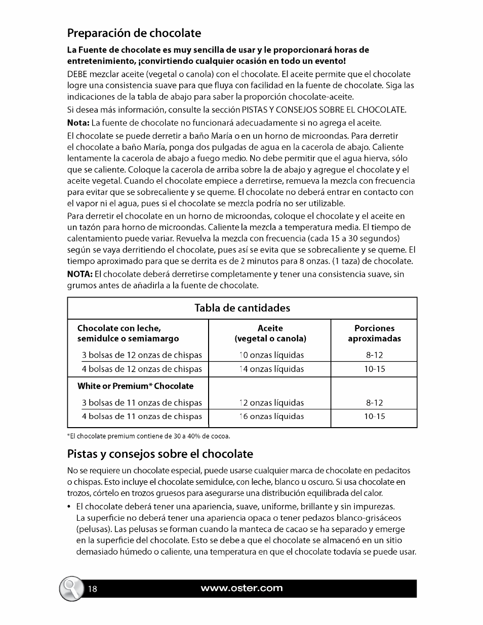 Preparación de chocolate, Pistas y consejos sobre el chocolate, Tabla de cantidades | Oster FPSTCF7500 User Manual | Page 18 / 28