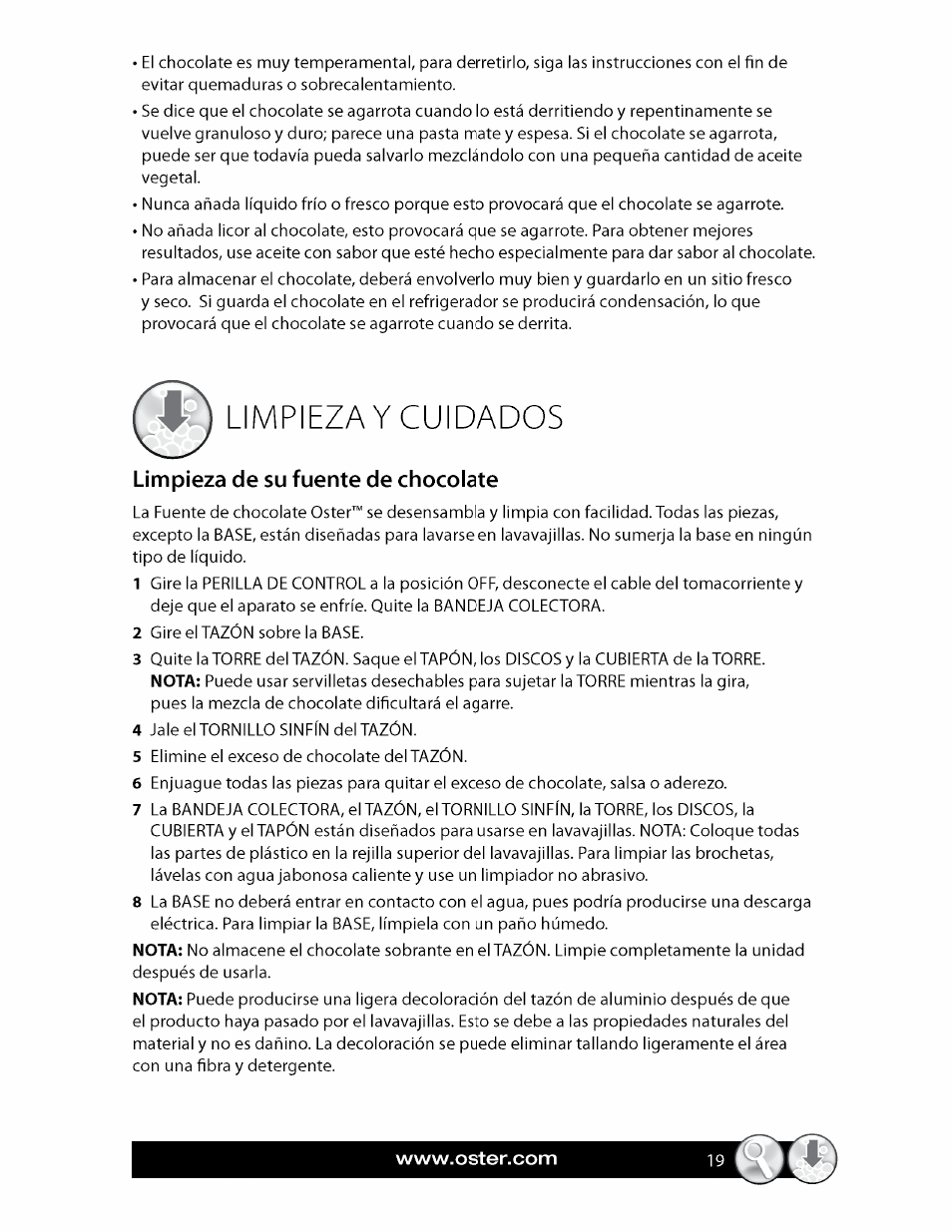 Limpieza y cuidados, Limpieza de su fuente de chocolate | Oster FPSTCF7500 User Manual | Page 19 / 28