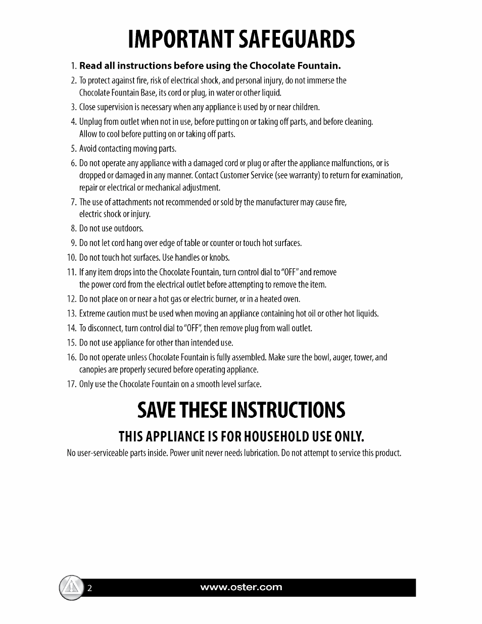 Important safeguards, Save these instructions, This appliance is for household use only | Oster FPSTCF7500 User Manual | Page 2 / 28