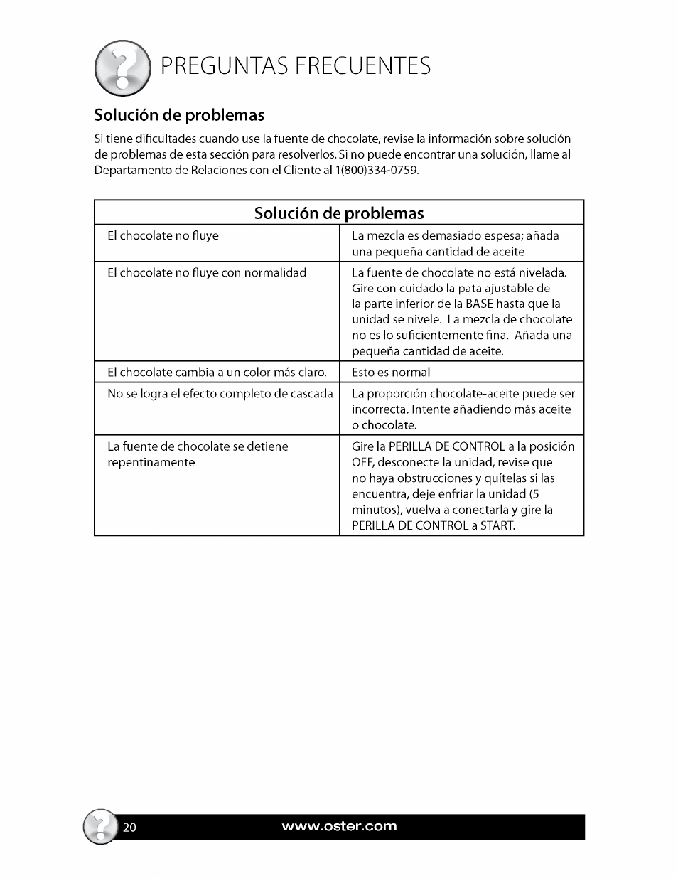 Preguntas frecuentes, Solución de problemas | Oster FPSTCF7500 User Manual | Page 20 / 28