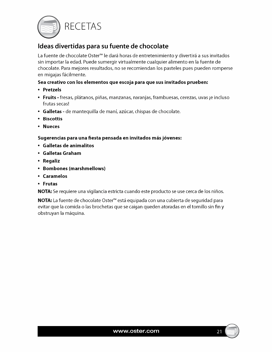 Recetas, Ideas divertidas para su fuente de chocolate | Oster FPSTCF7500 User Manual | Page 21 / 28