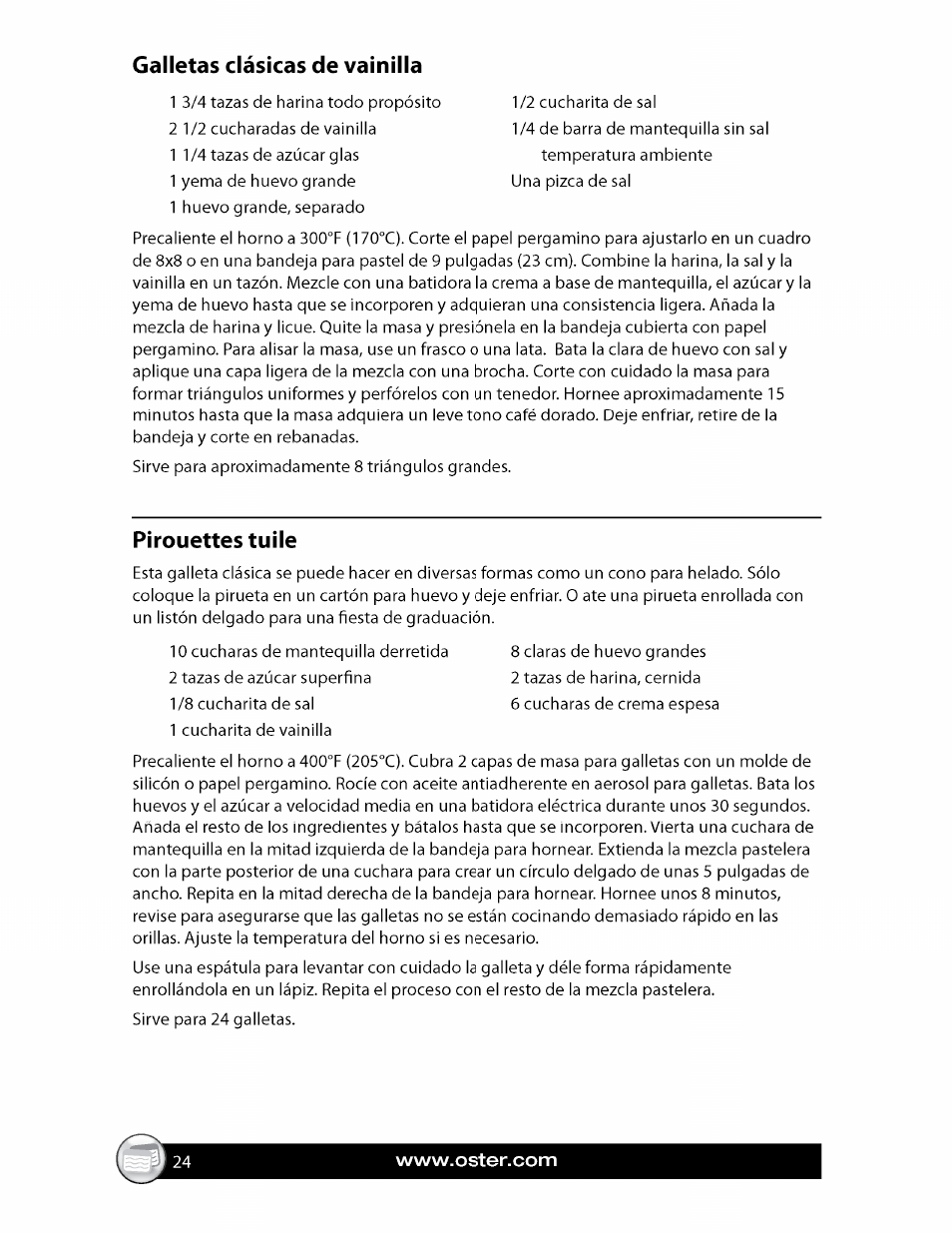 Galletas clásicas de vainilla, Pirouettes tuile | Oster FPSTCF7500 User Manual | Page 24 / 28