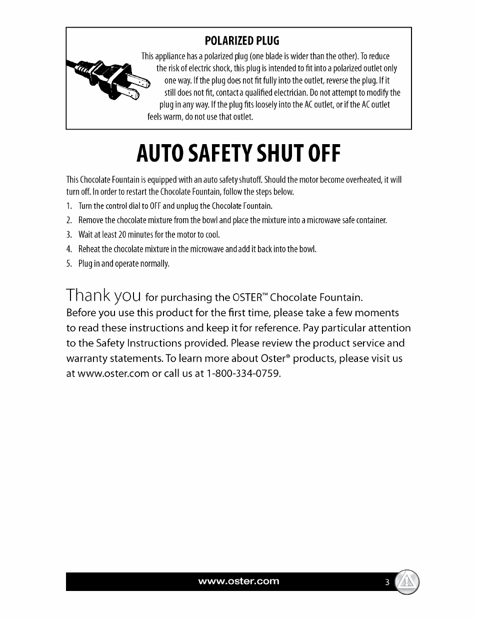 Polarized plug, Auto safety shut off | Oster FPSTCF7500 User Manual | Page 3 / 28