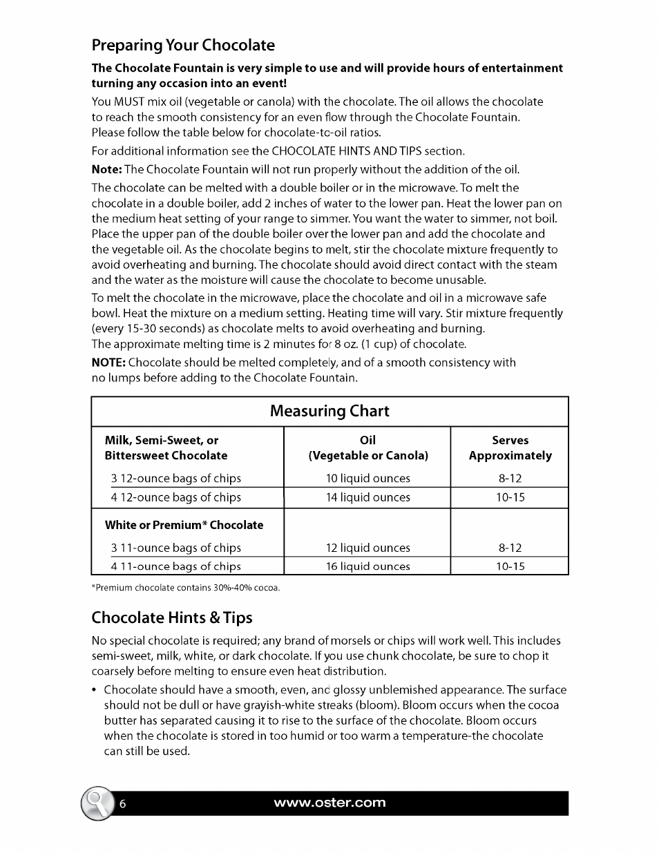 Preparing your chocolate, Chocolate hints & tips, Measuring chart | Oster FPSTCF7500 User Manual | Page 6 / 28