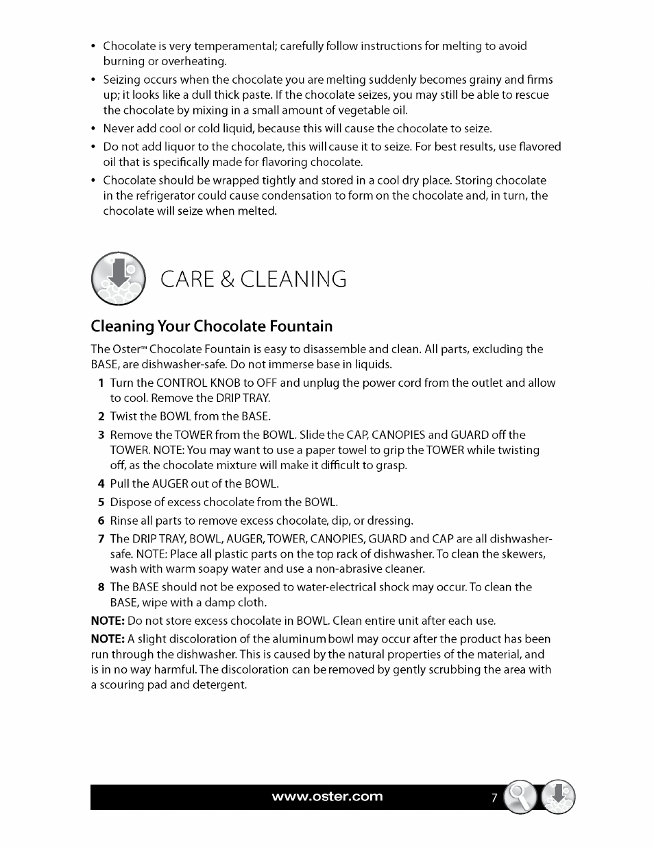 Care & cleaning, Cleaning your chocolate fountain | Oster FPSTCF7500 User Manual | Page 7 / 28