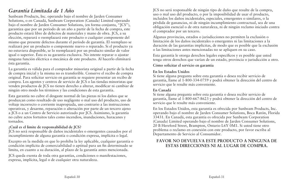 Garantía limitada de 1 año | Oster 139214 User Manual | Page 16 / 16