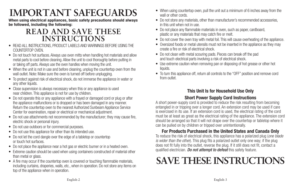 Important safeguards, Save these instructions, Read and save these instructions | Oster 139214 User Manual | Page 2 / 16