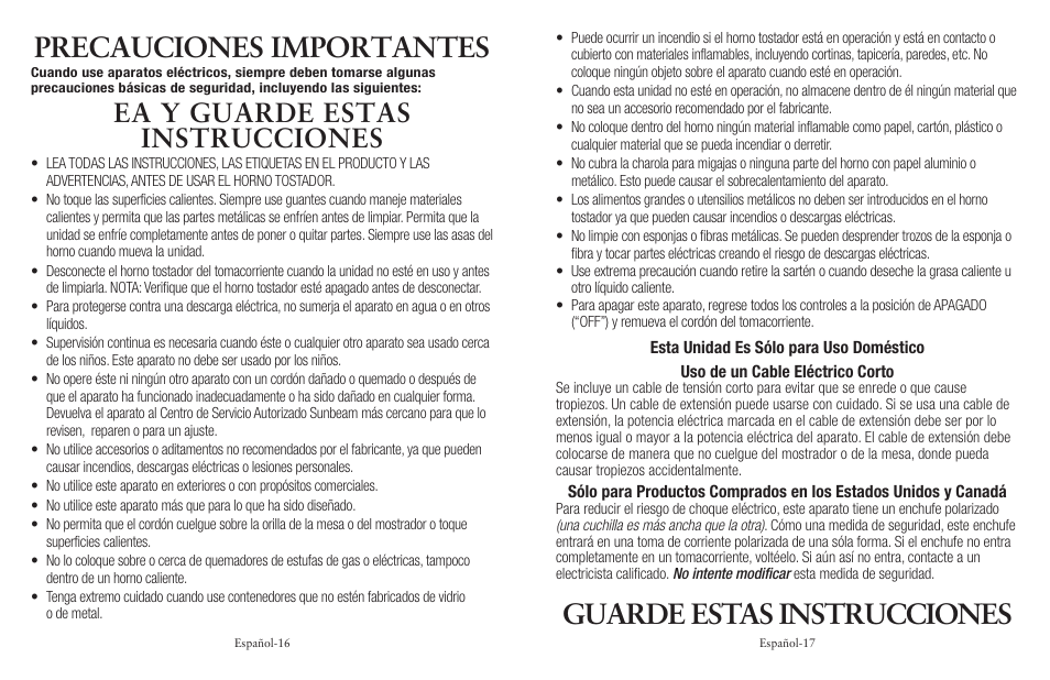 Precauciones importantes, Guarde estas instrucciones, Ea y guarde estas instrucciones | Oster 139214 User Manual | Page 9 / 16