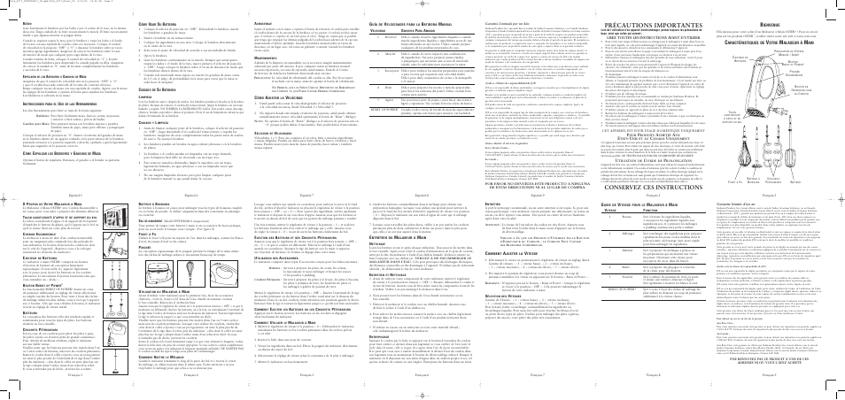 Précautions importantes, Conservez ces instructions, Ienvenue | Aractéristiques de, Otre, Alaxeur à, Garantie limitée d’un an, Lisez toutes les instructions avant d’utiliser | Oster 2577 User Manual | Page 2 / 2