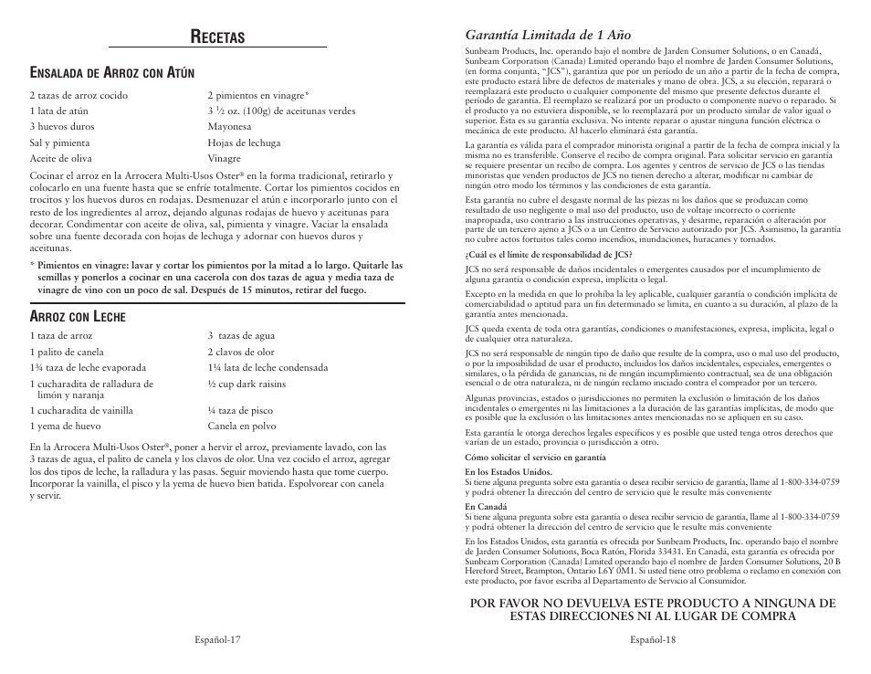 Ecetas, Garantía limitada de 1 año | Oster 128342 User Manual | Page 10 / 10