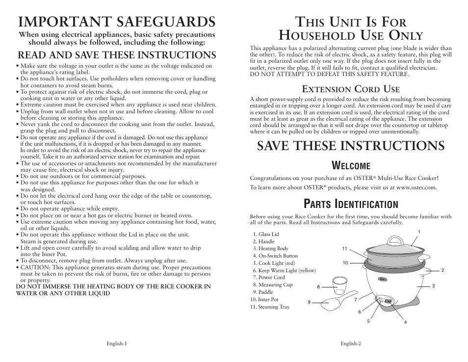 Important safeguards, Save these instructions, Ousehold | Read and save these instructions | Oster 128342 User Manual | Page 2 / 10