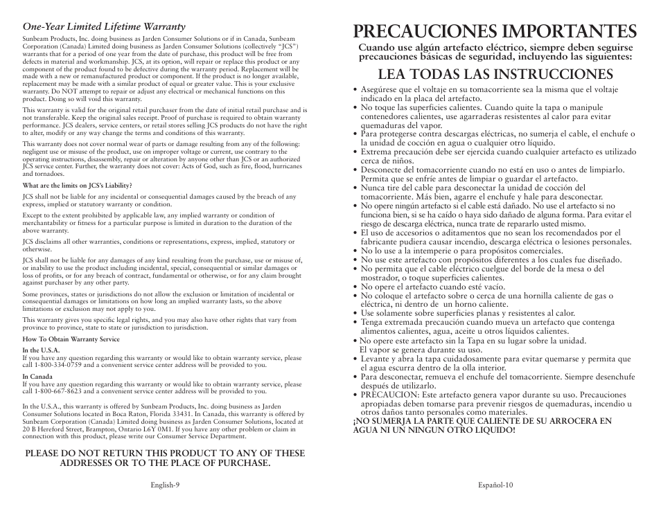 Precauciones importantes, Lea todas las instrucciones | Oster 128342 User Manual | Page 6 / 10