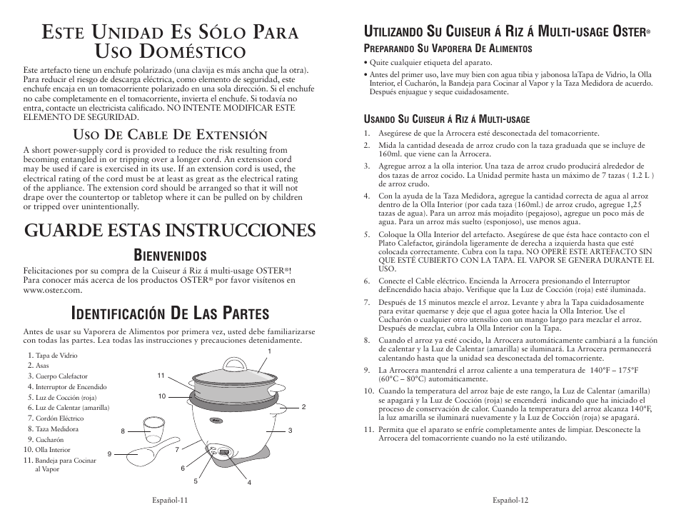 Guarde estas instrucciones, Nidad, Oméstico | Dentificación, Artes | Oster 128342 User Manual | Page 7 / 10